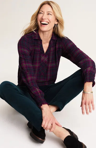 Jjill Smocked Plaid Popover In Aubergine Multi