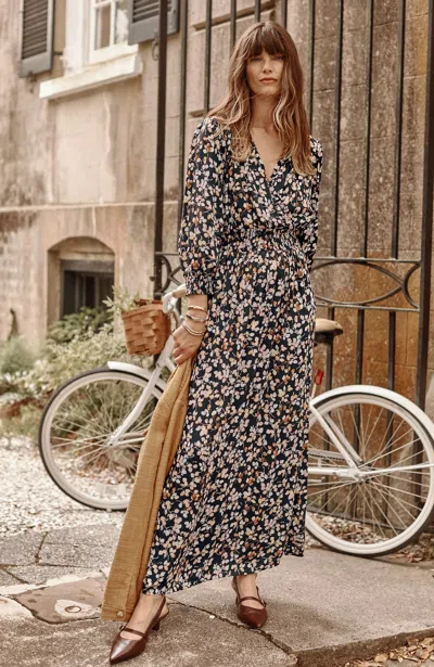 Jjill J.jill Smocked Sateen Dress In Black Artistic Leaves