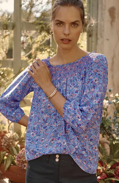 Jjill J.jill Smocked Two-way A-line Top In Dark Blue Jay Cheery Floral