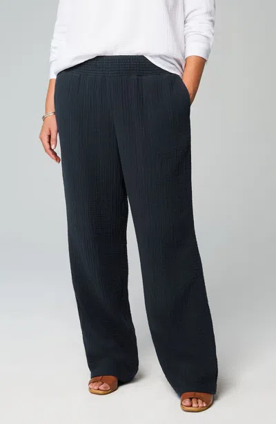 Jjill J.jill Smocked-waist Cotton-gauze Pants In Navy Blue
