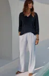 Jjill J.jill Smocked-waist Cotton-gauze Pants In White,navy Blue