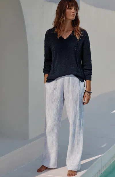 Jjill J.jill Smocked-waist Cotton-gauze Pants In White,navy Blue