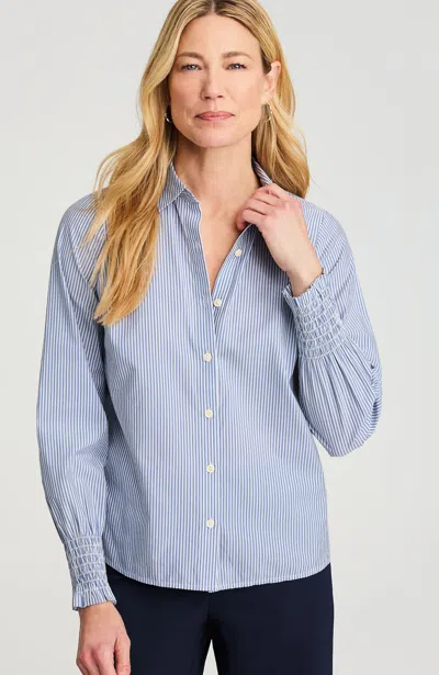 Jjill Smocked-sleeve Poplin Shirt In Moonlit  Sky/white