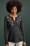 Jjill J.jill Snowflake-embroidered Waffle-textured Top In Dark Charcoal Heather Multi