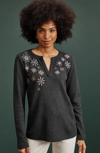 Jjill J.jill Snowflake-embroidered Waffle-textured Top In Dark Charcoal Heather Multi