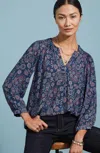 Jjill J.jill Soft Voile Shirred Top In Dark Blue Dotted Jacobean