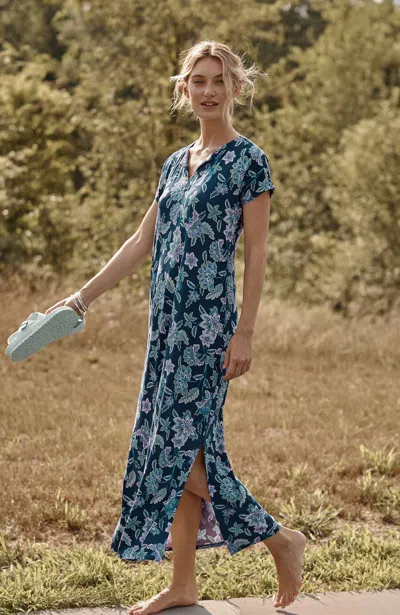 Jjill J.jill Split-neck Maxi Dress In Dark Ocean Retro Jacobean