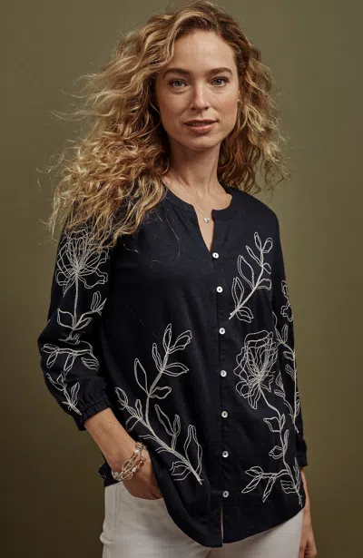 Jjill J.jill Stencil-embroidered Top In Navy Blue,cream