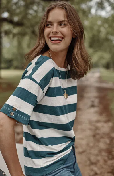 Jjill J.jill Striped Button-sleeve Tee In Dark Oceanside,cream