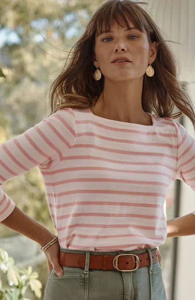 Jjill J.jill Striped Buttoned-cuff Tee In Cream,pink Macaroon