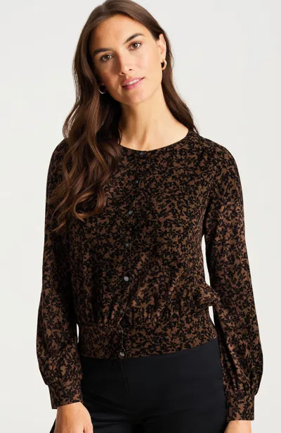 Jjill Tall Banded-hem Jersey Top In Cocoa Bean Silhouette Leaves