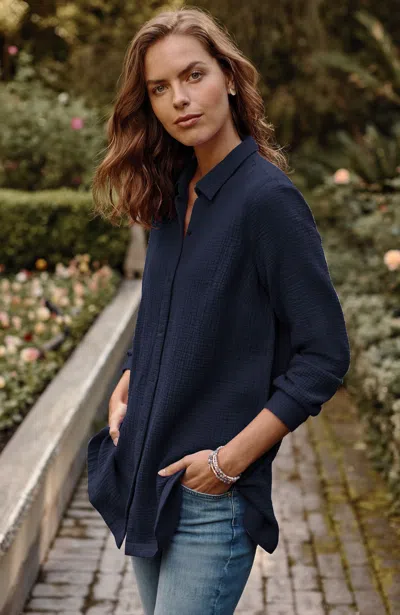 Jjill Tall Cotton-gauze Button-front Tunic In Navy Blue