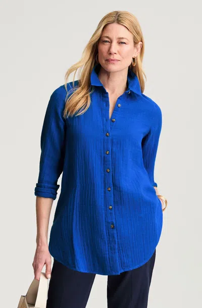 Jjill Tall Cotton-gauze Button-front Tunic In Vibrant Blue