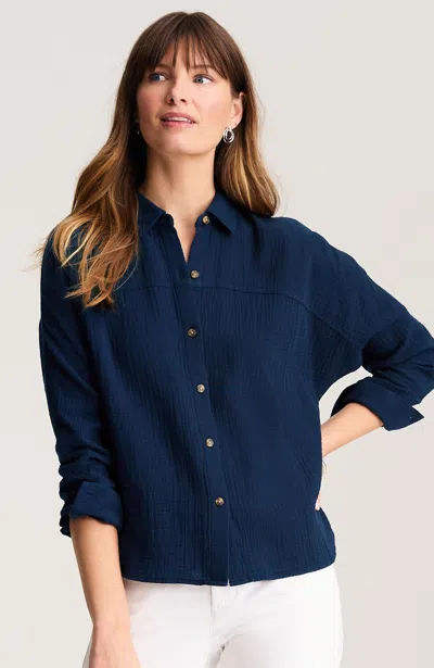 Jjill Tall Cotton-gauze Dolman-sleeve Shirt In Navy Blue