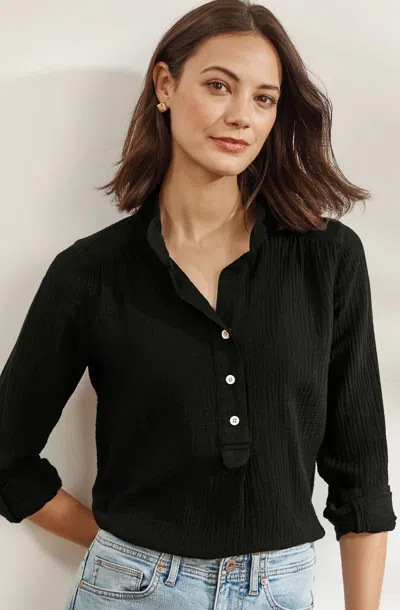 Jjill Tall Cotton-gauze Henley Popover In Black