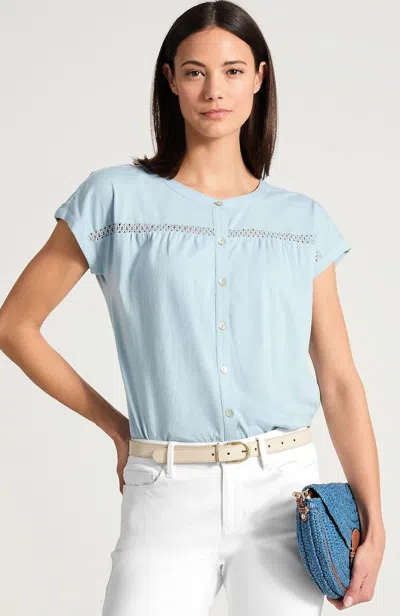 Jjill Tall Crochet-trim Knit Button-front Shirt In Ocean Mist