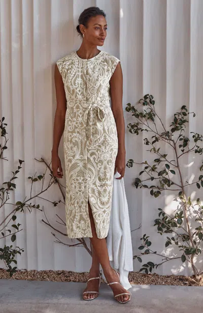 Jjill Tall Embroidered Tie-waist Midi Dress In Sand Dune/white