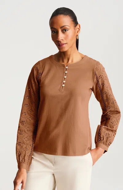 Jjill Tall Eyelet-trimmed Jersey Top In Brown