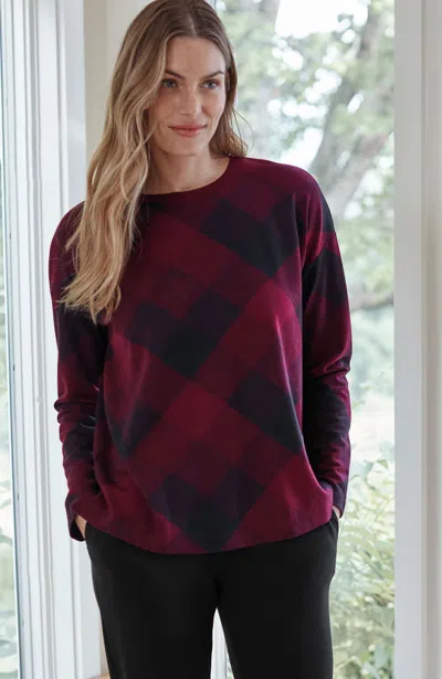 Jjill Tall Fit French Terry Plaid Sweatshirt Pullover In Cherry Lacquer Textured Buffalo