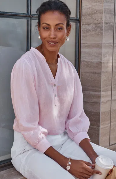 Jjill Tall Linen Puff-sleeve Popover In Rose Pink/white