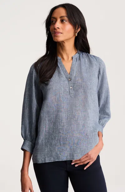Jjill Tall Linen Puff-sleeve Popover In True Navy/white