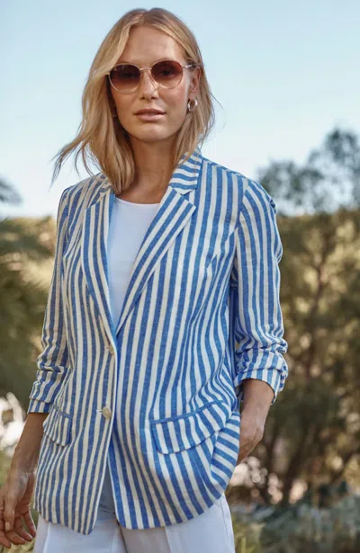 Jjill Tall Linen-blend Striped Blazer In Royal Blue/cream