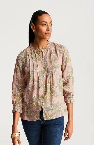 Jjill Tall Pintucked Linen Button-front Shirt In Coral Dust Vintage Garden