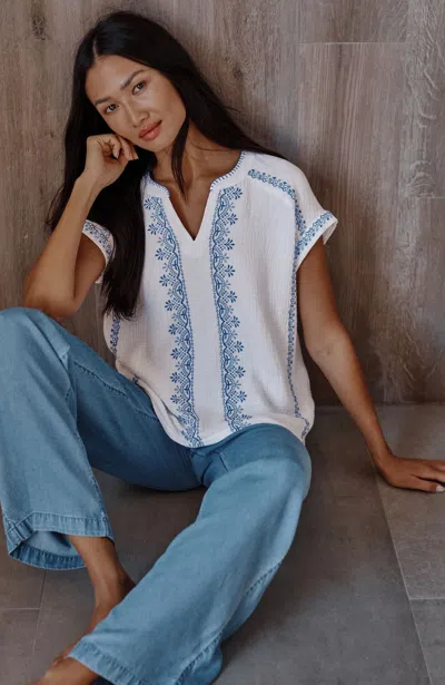 Jjill Tall Pure Jill Cotton-gauze Embroidered Top In White Multi