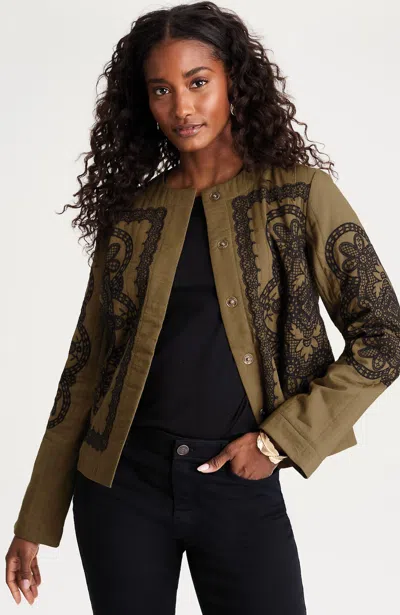 Jjill Tall Pure Jill Embroidered Snap-front Jacket In Burnt Olive/black