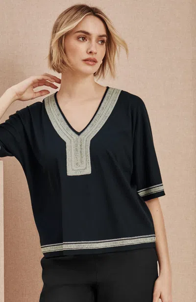 Jjill Tall Pure Jill Knit Embroidered-border Top In Black/ Brown