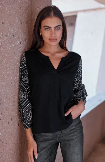 Jjill Tall Pure Jill Knit Embroidered-sleeve Top In Black Multi
