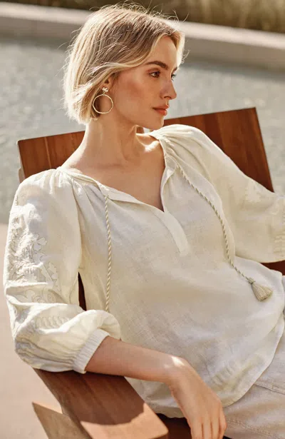 Jjill Tall Pure Jill Linen Embroidered Popover In White/ivory