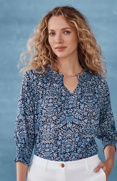 Jjill Tall Smocked Cotton Top In True Navy Floral Trellis