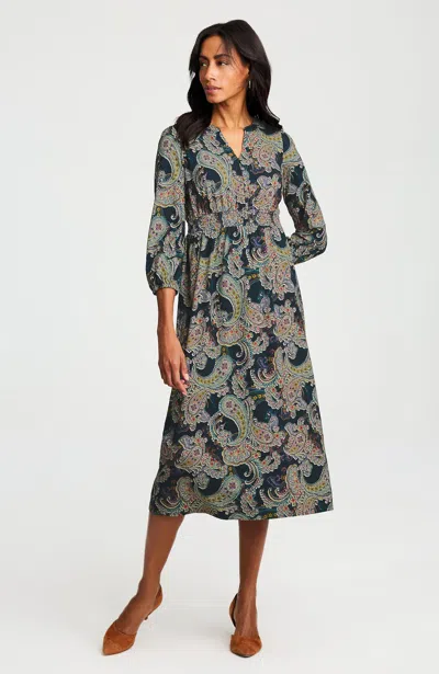 Jjill Tall Smocked-waist Knit Midi Dress In Navy Blue Radiant Paisley
