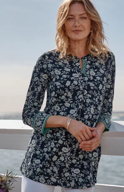 Jjill J.jill Wearever 3/4-sleeve Split-neck Tunic In Navy Blue Sophisticated Garden
