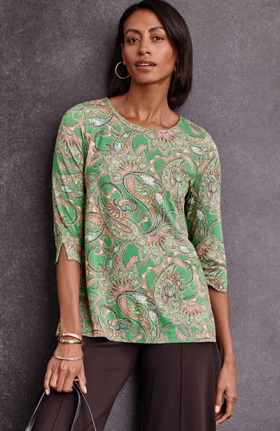 Jjill J.jill Wearever Ballet-sleeve Crew-neck Top In Leaf Green Jacobean Fresco