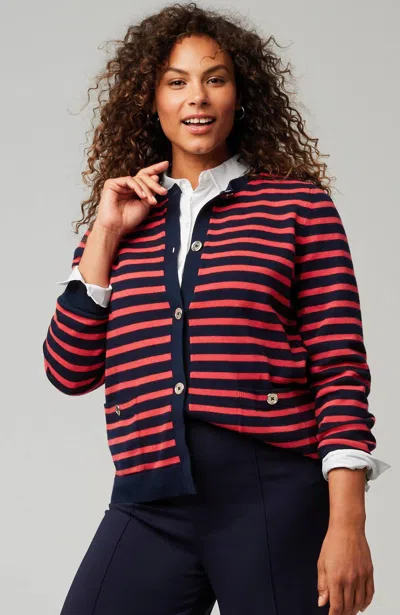 Jjill J.jill Wearever Button-front Striped Cardi In Navy Blue,poppy