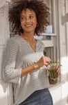 Jjill J.jill Wearever Buttoned Split-neck Top In Cream,navy Blue