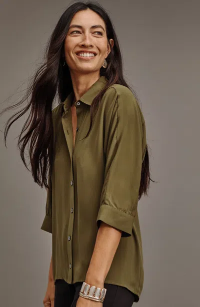 Jjill J.jill Wearever Easy-care High-low Button-down In Spanish Olive