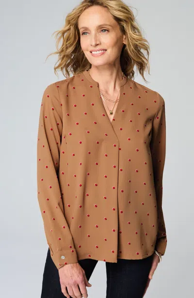 Jjill J.jill Wearever Easy-care Pleated Popover In Caramel Button Dot