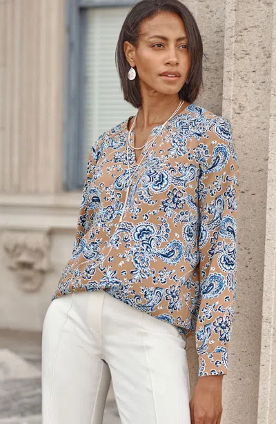 Jjill J.jill Wearever Easy-care Split-neck Popover In Light Toffee Stitched Paisley