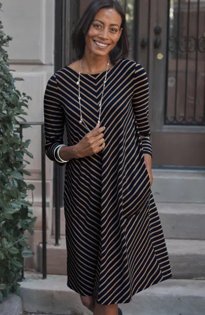Jjill J.jill Wearever Knit Pleat-back Dress In Navy Blue,caramel