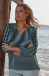 Jjill J.jill Wearever Mitered-stripe V-neck Top In Navy Blue,aqua Tint