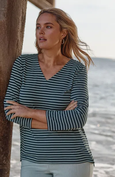 Jjill J.jill Wearever Mitered-stripe V-neck Top In Navy Blue,aqua Tint