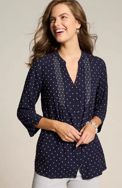 Jjill J.jill Wearever Pintucked Dobby Top In Navy Blue,cream