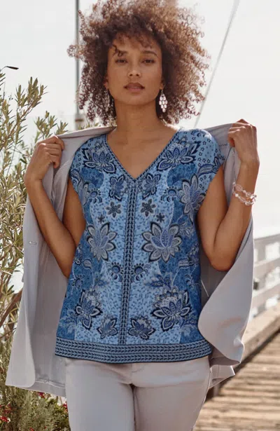 Jjill J.jill Wearever Placed-print Border Top In Clearwater Exquisite Jacobean