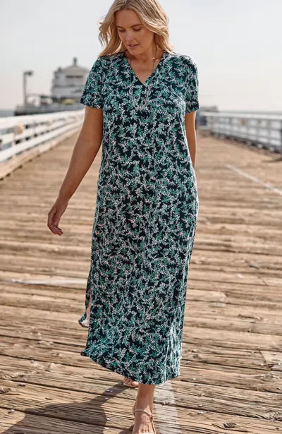 Jjill J.jill Wearever Short-sleeve Maxi Dress In Navy Blue Wildflower Vines