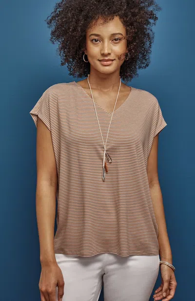 Jjill J.jill Wearever Striped V-neck Tee In Smoky Topaz,cream