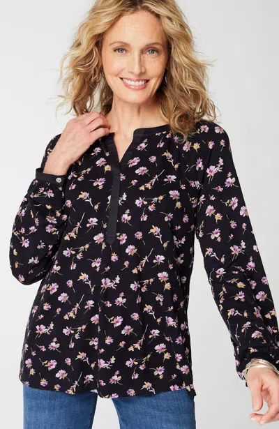 Jjill J.jill Woven-trimmed Knit Top In Black Small Waterfloral Shower