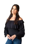 Jjwinks Vixen Built-in Shelf Off-the-shoulder Long Sleeve Ruffle Holiday Top In Black